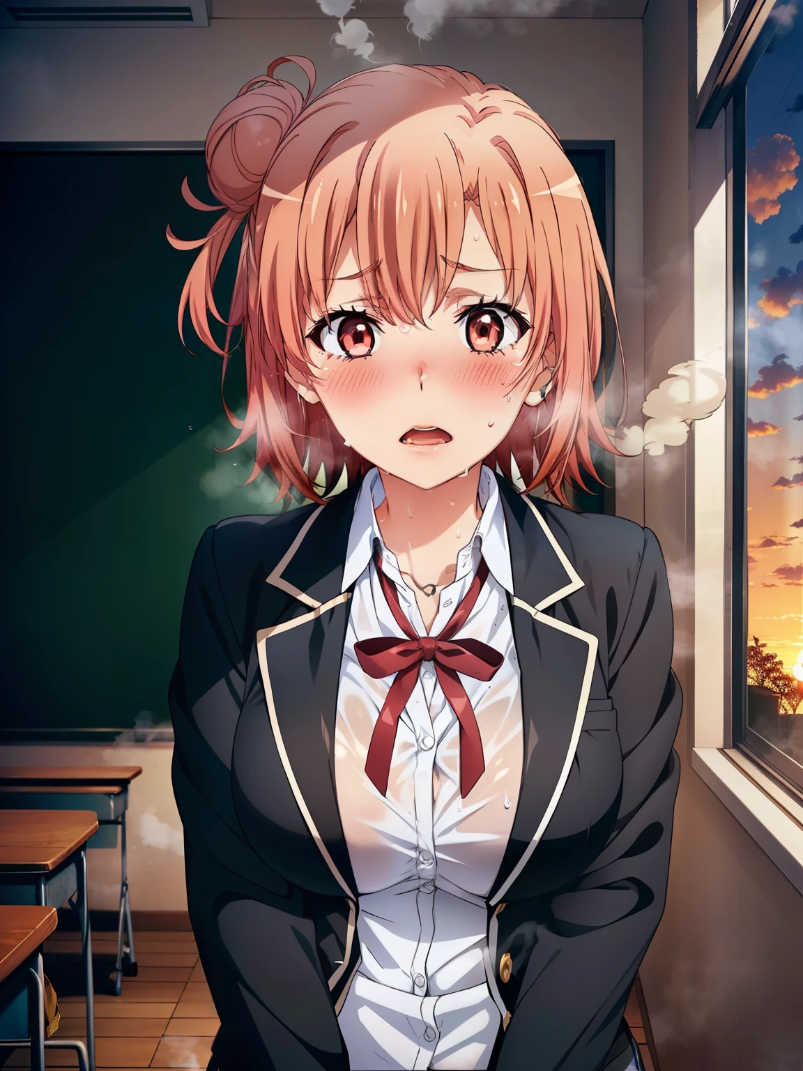 (( best quality,  high definition ,   perfect pixels,  4K)),  (Beautiful anime),  depth of field、
 watching viewers , 
 perfect body, 

 Yuigahama Yui,  bun hair,  shorthair ,　(Big Breasts:1.3)、
short hair, single hair bun, 
neck ribbon, white shirt, dress shirt, blazer, black jacket, open jacket, long sleeves, plaid skirt、

(blush、 steam 、sweat、Trembling:1.5)、

 School Classroom、sunset、