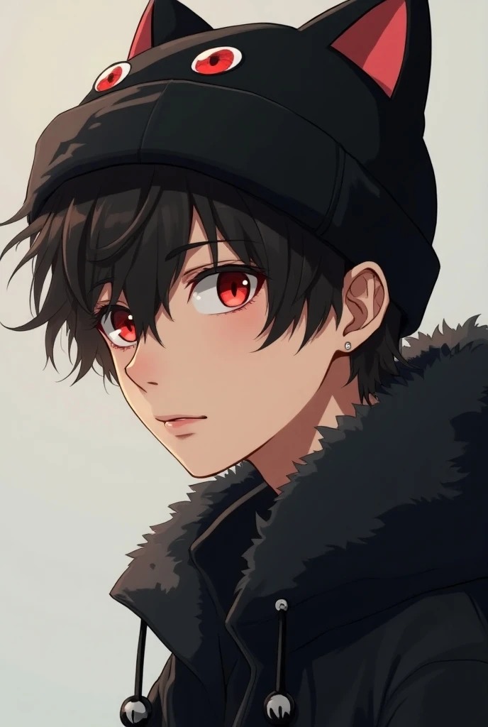 Photo de profil d un jeune homme de 18 ans dans le style des animés, he has red eyes shining with beige skin , The kitten hair , he is wearing a black winter cap with cat eyes , la photo sera de profile le droit
