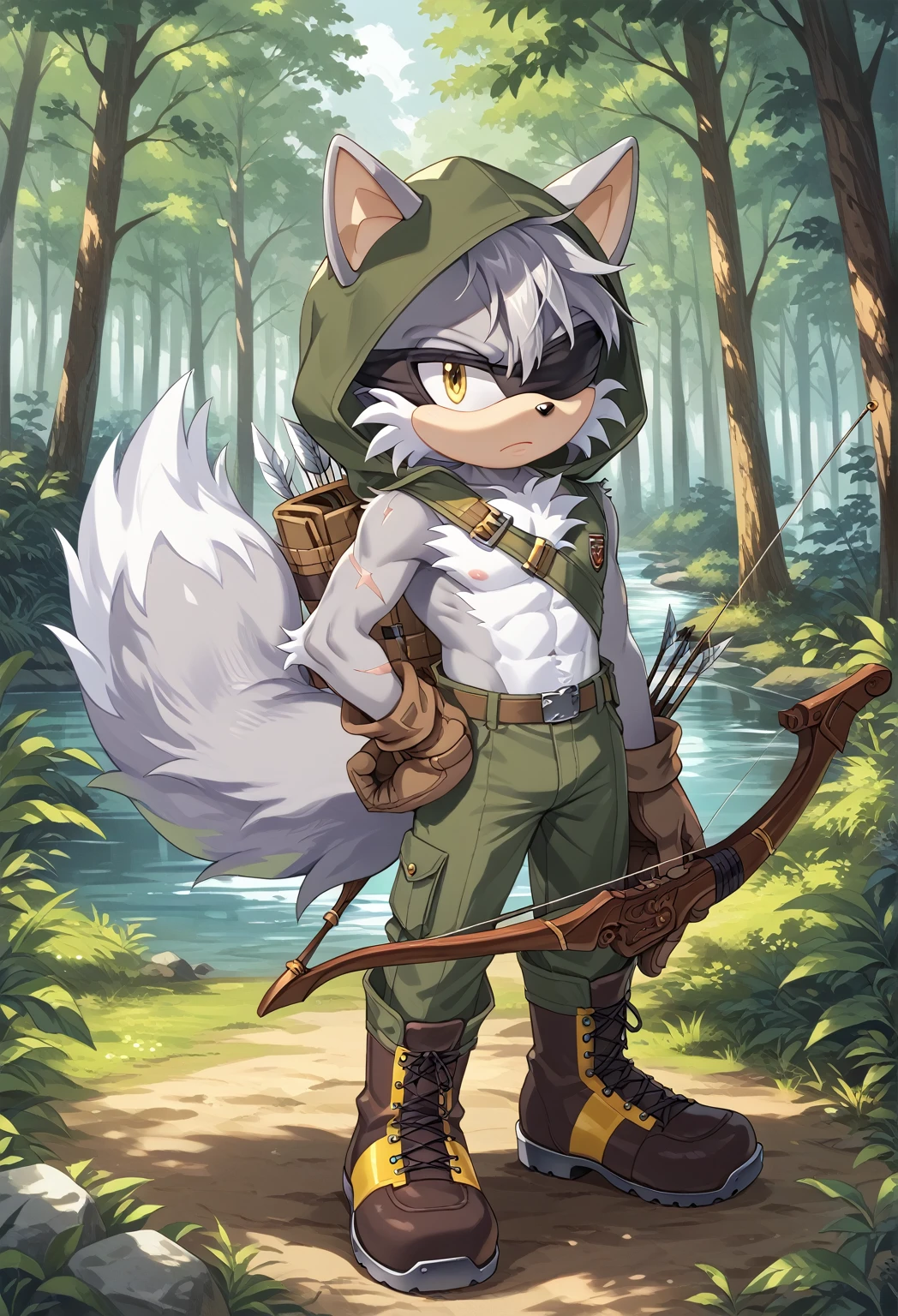 Male Wolf, ((Sonic character oc )), Male adult, ( silver fur in all body ), ( light gray inner ears ), (Alone), ( Short and messy hair ), forest, Left eye Blind , scar near the left eye that crosses the left eye diagonally, bow and quiver, con un hunter bow , Archery, wears a hood, brown gloves with cut toes and boots, yellow Eyes, Day time, ((mobian)), moebius forest, ranger clothing, (Fluffy Fur), Large Fluffy Tail, Serious poses, blindfold Over one eye,