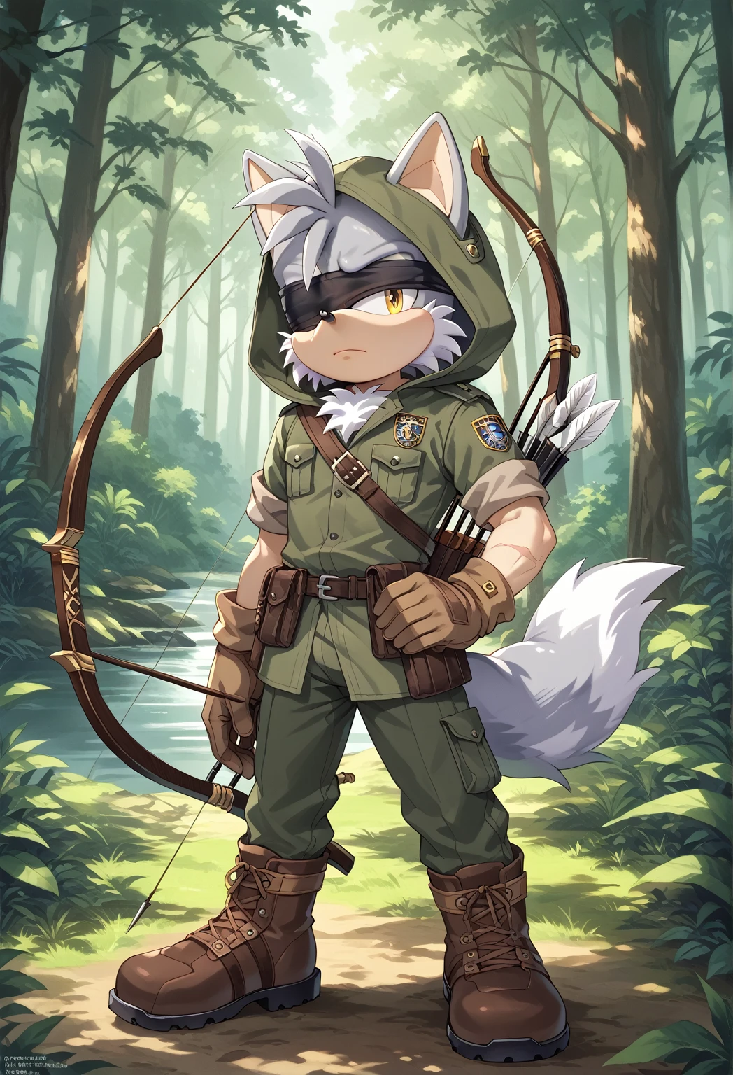 Male Wolf, ((Sonic character oc )), Male adult, ( silver fur in all body ), ( light gray inner ears ), (Alone), ( Short and messy hair ), forest, Left eye Blind , scar near the left eye that crosses the left eye diagonally, bow and quiver, con un hunter bow , Archery, wears a hood, brown gloves with cut toes and boots, yellow Eyes, Day time, ((mobian)), moebius forest, ranger clothing, (Fluffy Fur), Large Fluffy Tail, Serious poses, blindfold Over one eye,