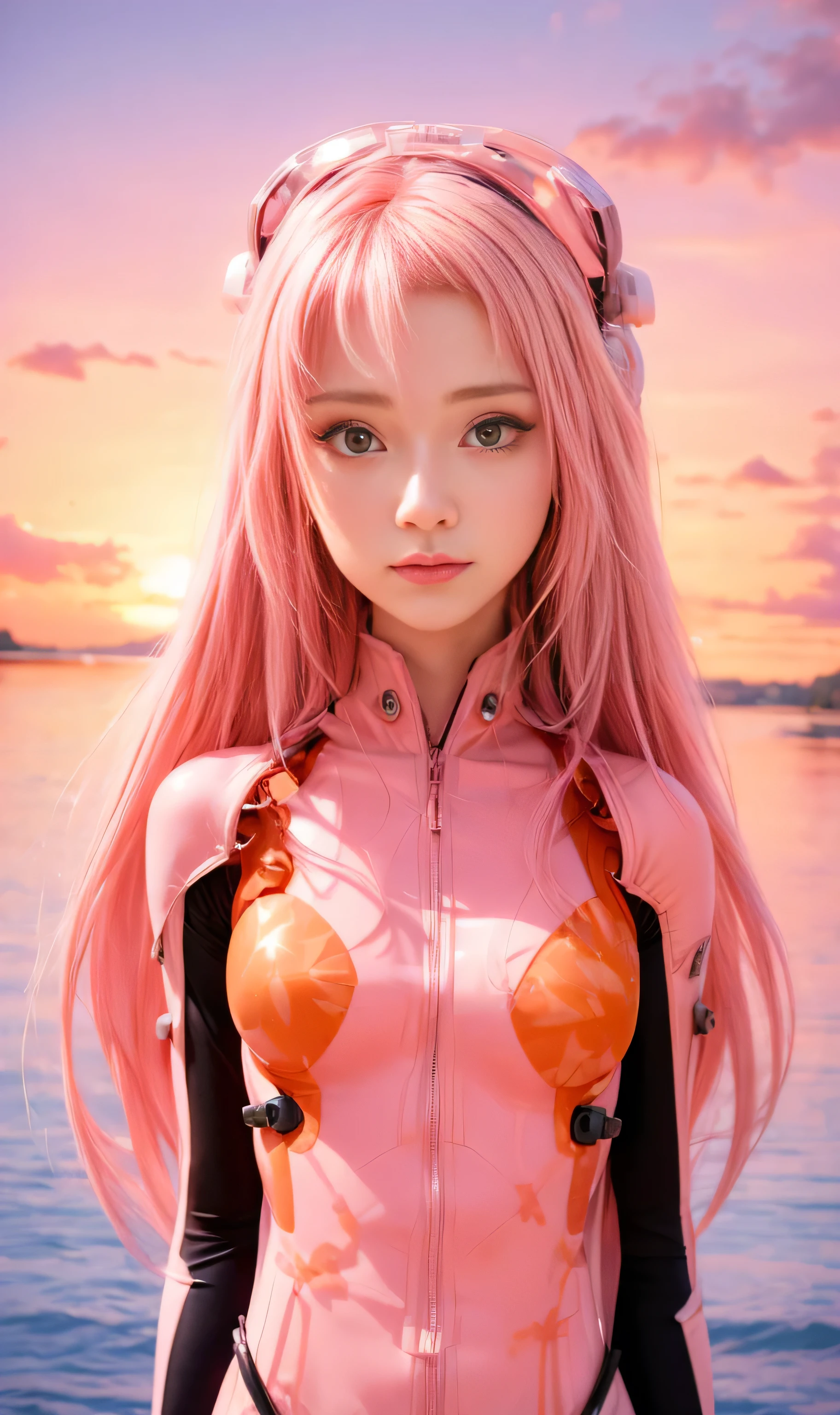 (masterpiece, best quality:1.4), (near a lake), (full body shot), (from behind), 1girl, solo, zerotwo, white hairband, horns,red horns, bodysuit, breasts, green eyes, horns, long hair, looking at viewer, pink hair, (red bodysuit:1.2), highly detailed face, highly detailed skin, skin pores, subsurface scattering, realistic pupils, medium breast, full face blush, full lips, detailed background, depth of field, volumetric lighting, sharp focus, absurdres, realistic proportions, good anatomy, (realistic, hyperrealistic:1.4), 16k hdr,