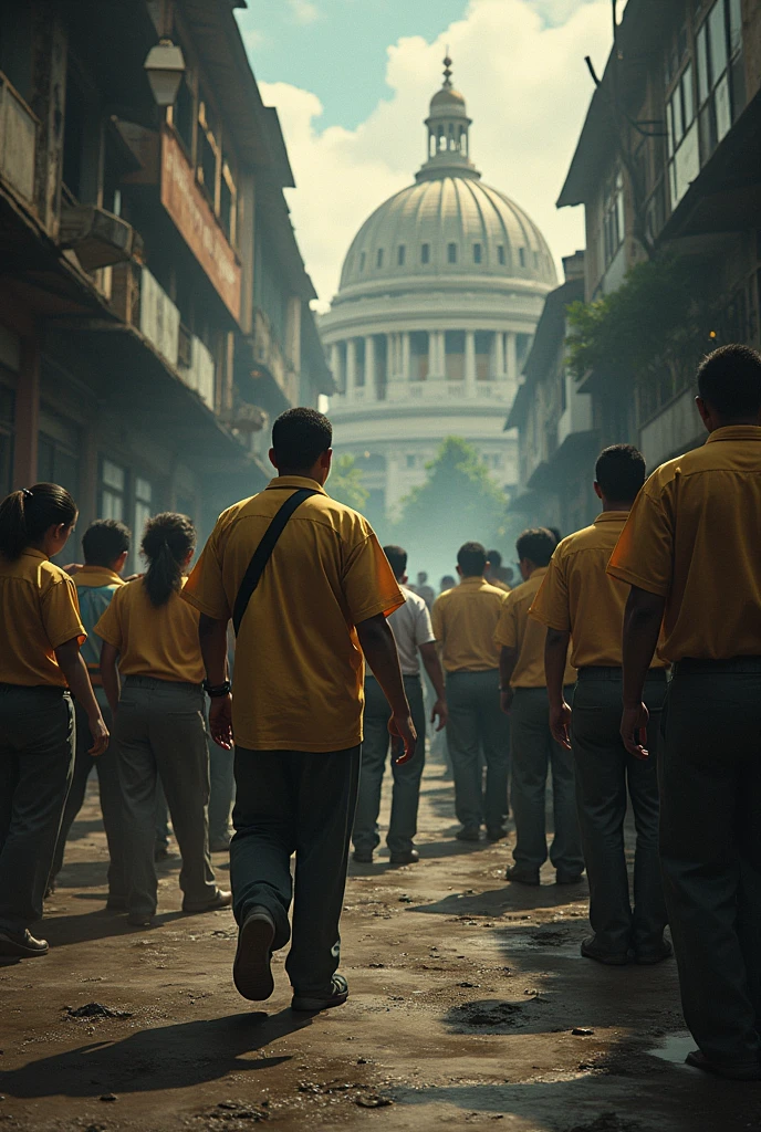 A bustling Indian school with students rushing out after the final bell.