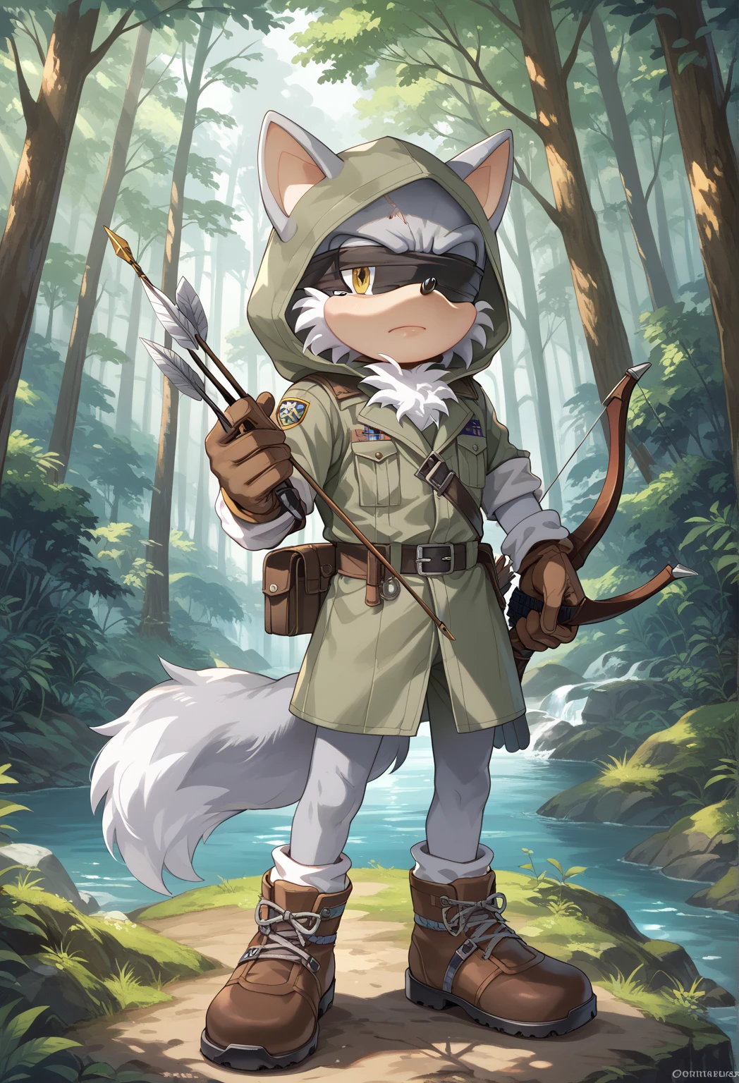 Male Wolf, ((Sonic character oc )), Male adult, ( silver fur in all body ), ( light gray inner ears ), (Alone), ( Short and messy hair ), forest, Left eye Blind , scar near the left eye that crosses the left eye diagonally, bow and quiver, con un hunter bow , Archery, wears a hood, brown gloves with cut toes and boots, yellow Eyes, Day time, ((mobian)), moebius forest, ranger clothing, (Fluffy Fur), Large Fluffy Tail, Serious poses, blindfold Over one eye,