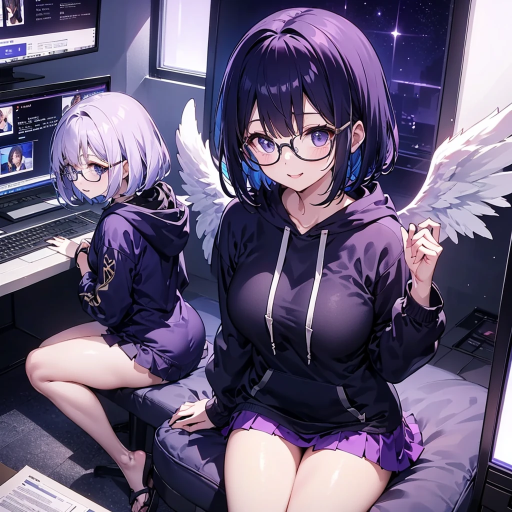 solo1.8、 High Quality、Bird's-eye view from above composition 1 .7、Seiko no Hand 1 .5、 black bob cut、 sitting on the purple cube in front of the monitor 、black simple hoodie and purple mini skirt 1.6、 Fleshy Thighs 1 .3、 with a silver light cube floating in the right hand 1.7、voluptuous0.6、Angel Girl Sandalphone 1 .8、Confident smile without opening her mouth1 .1、black rimmed glasses 1.4、dark room 1 .8