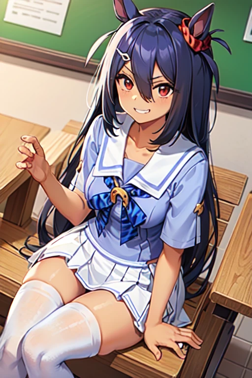 Hishi Amazon、One person、 girl、best quality,  smug,grin,tracen school uniform, sailor collar, bowtie, purple shirt, sailor shirt, short sleeves, white skirt, white thighhighs,white kneehighs,Narrowed sleeves, long chair,sitting,blue line on the edge of the white skirt,
