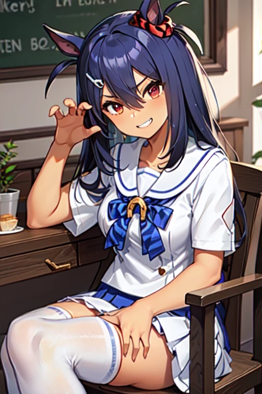 Hishi Amazon、One person、 girl、best quality,  smug,grin,tracen school uniform, sailor collar, bowtie, purple shirt, sailor shirt, short sleeves, white skirt, white thighhighs,white kneehighs,Narrowed sleeves, long chair,sitting,blue line on the edge of the white skirt,
