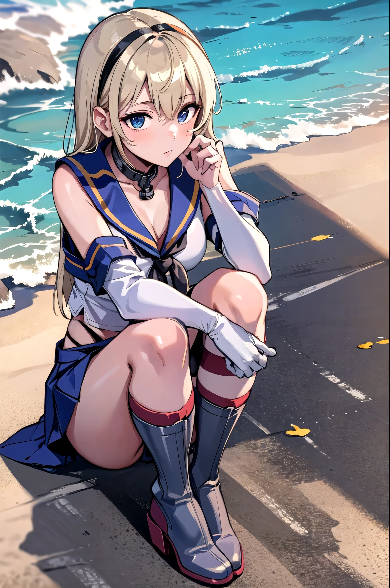 (masterpiece,  best quality:1.2), ((  Perfect Hand , Perfect Legs, perfect anatomy)),  very detailed, Soft Indirect Lighting ,  sharp concentration, 4K,  break 1 girl , Alone, Island Breeze, blonde,  striped knee socks crouching on the road,  miniskirt that snaps around the knee, Elbow pocket,  sailor collar ,  anchor hair ornament,  High Leg Panties ,   Black Panties, Outdoor break,  beach , sunny,  sitting,  viewers on a sandy seashore, Nervous, , ( small breasts), Squat