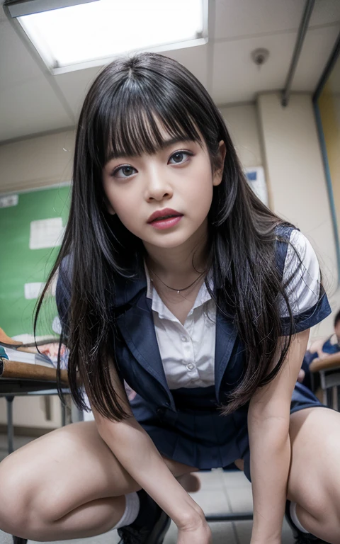 ​masterpiece,  High School Girls 、 blue eyes、 bright brunette 、（ school uniform:1.5）、（ M shaped legs  :1.5）、 huge breasts coming out 、 navy socks、Put on your shoes、（ bright school classroom :1.5）Viewers, reality,  lesbian with full body , radical, expensive, （ expand your pubic area with your fingers :1.5） very detailed ,  ahehe, With eyes rolling, blush,   water flowing through her mouth ,   sticky tongs,  Big Breasts,  sexual arousal, sexual expression,  shiny skin、  open legs、 excited , Provocative, , ( facing down ),  camera in front of the gauge, ceiling, from below ,