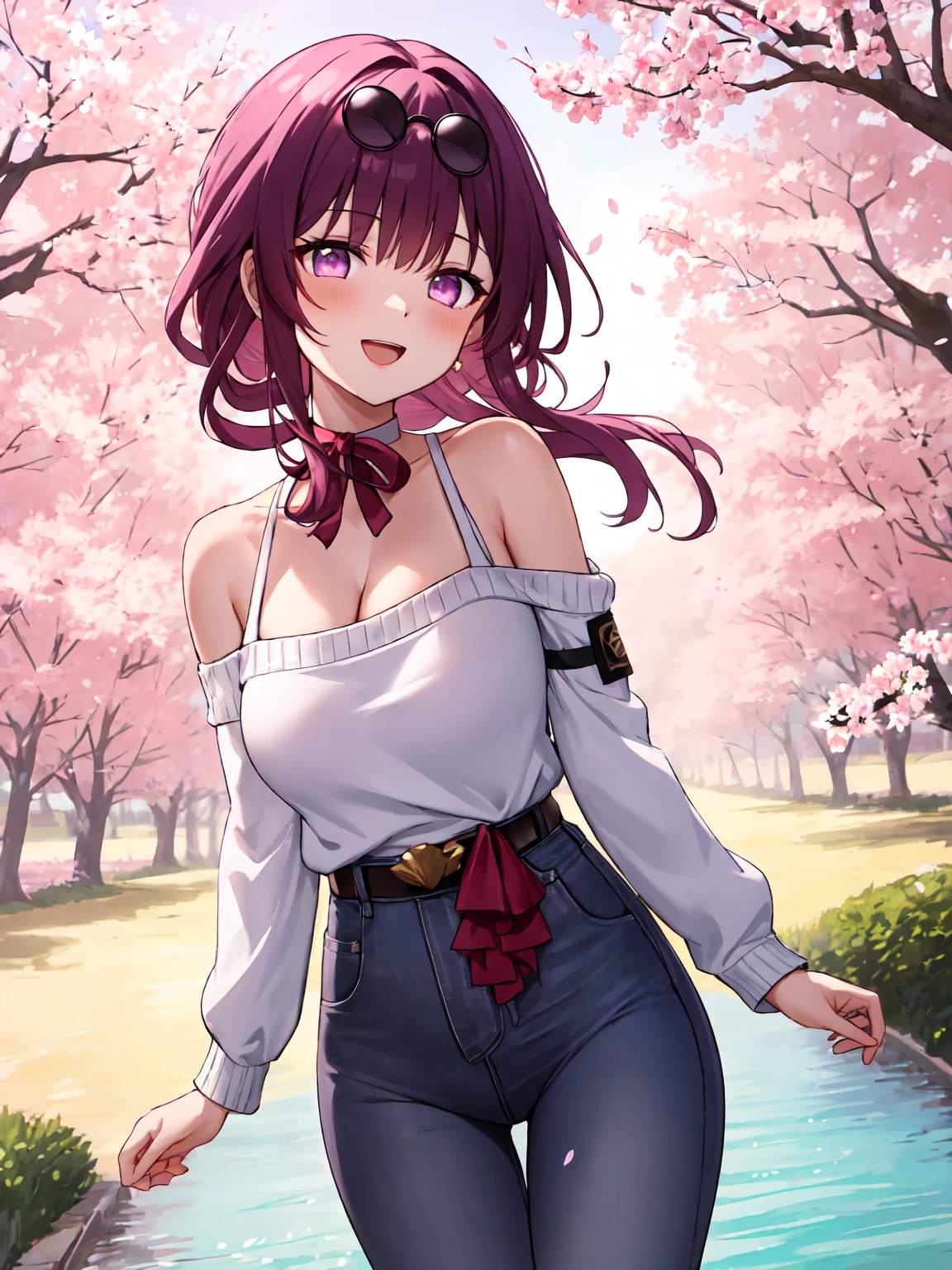 Masterpiece ,best quality , (1 girl solo) , (mature woman:1.3) ,  (glowing eyes ) , (sunglasses, eyeweard on head, purple hair , purple eyes , neck-ribbon ) , (bare shoulder , sweater , jeans , bow , chocker , belt) , (sagging Neckline, low cut) , armband, thigh strap ) , (cleavage:1.3) , (medium breast:1.3) , (standing , cowboy&shot , dutch angle) , (outdoor , cherry blossom , river , tree , cherry flower , cherry flower , strong wind) , ( full face blush , shy , smile , open mouth) , (face view , looking view , from front , close up , near view )