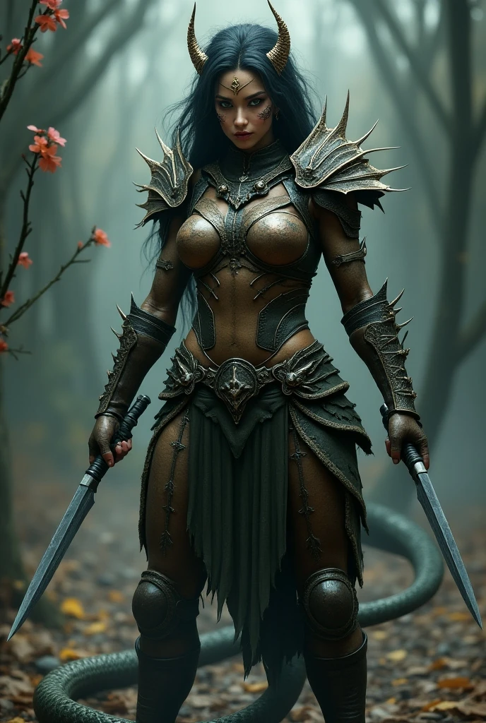 enraged half-orc female warrior, (wearing sexy chainmail armor), (green skin), copper eyes, ((spiky black hair with copper streaks)), (wielding greatsword), forest background, full body, high-quality