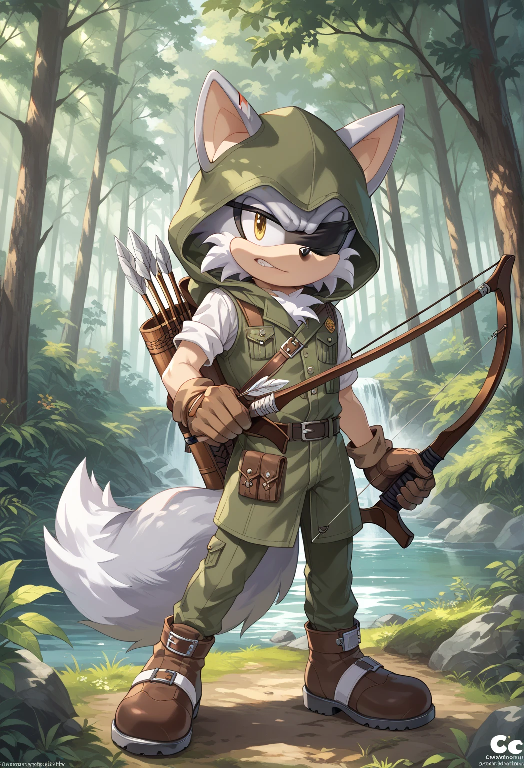 Male Wolf, ((Sonic character oc )), Male adult, ( silver fur in all body ), ( light gray inner ears ), (Alone), ( Short and messy hair ), forest, Left eye Blind , scar near the left eye that crosses the left eye diagonally, bow and quiver, con un hunter bow , Archery, wears a hood, brown gloves with cut toes and boots, yellow Eyes, Day time, ((mobian)), moebius forest, ranger clothing, (Fluffy Fur), Large Fluffy Tail, Serious poses, blindfold Over one eye,