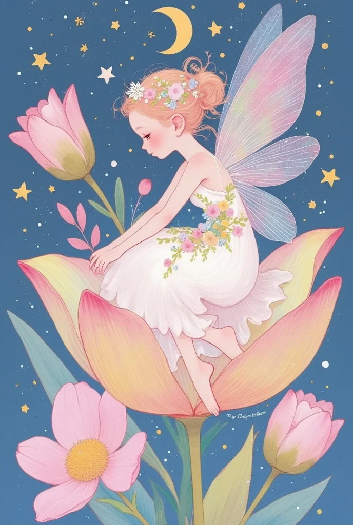 a cartoon fairy sitting on a flower with a moon in the background, space flower fairy, beautiful fairy, fairy aesthetics, beautiful fairies, study of a flower fairy, astral fairy, beautiful fairie, faerie, portrait of a fairy, dreamy illustration, smiling as a queen of fairies, beautiful adult fairy, fairy-tale illustration style, dreamy and detailed