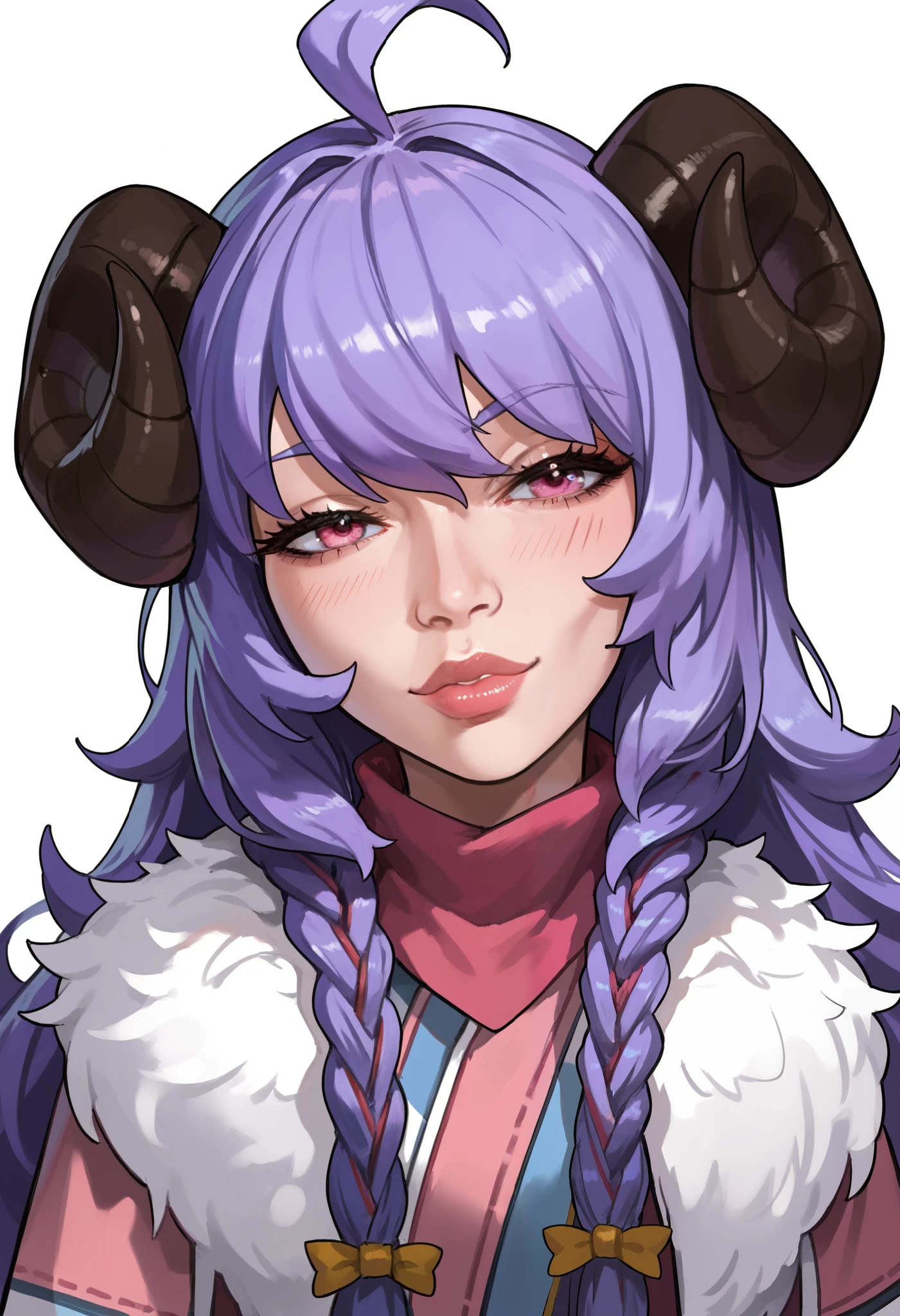 Masterpiece, anime, 1girl, Sbkin, sheep girl, long hair, purple hair, braids, curved horns, pink eyes, ahoge, japanese clothes, scarf, fur trim, upper body, leaning forward, portrait, lips, head tilt, white background, simple background, score_9, score_8_up, score_7_up, unaestheticXL_bp5