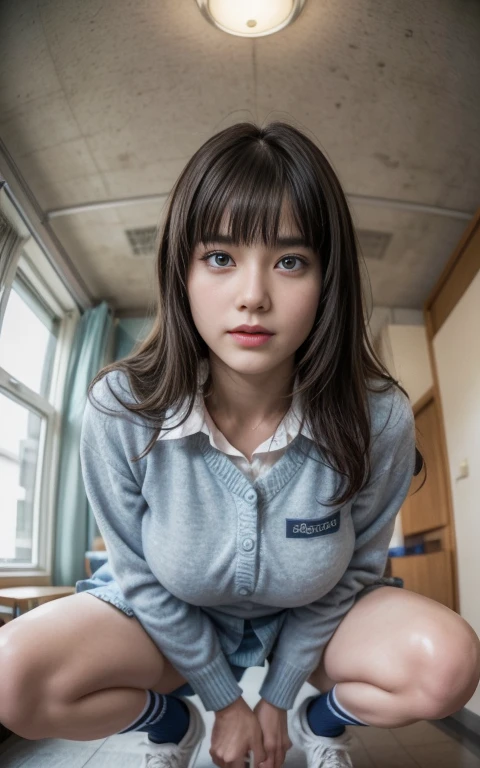 ​masterpiece,  High School Girls 、 blue eyes、 bright brunette 、（ school uniform:1.5）、（ M shaped legs  :1.5）、 huge breasts coming out 、 navy socks、Put on your shoes、（ bright school classroom :1.5）Viewers, reality,  lesbian with full body , radical, expensive, （ expand your pubic area with your fingers :1.5） very detailed ,  ahehe, With eyes rolling, blush,   water flowing through her mouth ,   sticky tongs,  Big Breasts,  sexual arousal, sexual expression,  shiny skin、  open legs、 excited , Provocative, , ( facing down ),  camera in front of the gauge, ceiling, from below ,