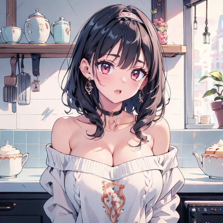 (small breasts:1.3), (perky chest:1.1), (pointed chest:1.0), (Pudding cake magazine cover:1.3)，(from above:1.0),(from side:0.9),masterpiece, 1girl, Amazing Cleavage:1.1, thin waist, big ass, Raised sexy, small breast: 1.3, posed cleavage:1.2、solo, looking at viewer, open mouth, have a cute grass of cute beergrass,black hair, dark green eyes, dress, bare shoulders, jewelry, collarbone, sidelocks, hairband, earrings, indoors, off shoulder, :o, sweater, arms behind back, plant, short hair with long locks, gild hairband, off-shoulder dress, sweater dress, off-shoulder sweater, red sweater, dark gord hair, big side hair, very long side hair,is rendered in (masterpiece: 1.2, best quality), with (ultra high resolution) and an exquisite (depth of field). This masterpiece is not only visually stunning but also tells,A scene of cooking in the kitchen by classroom
