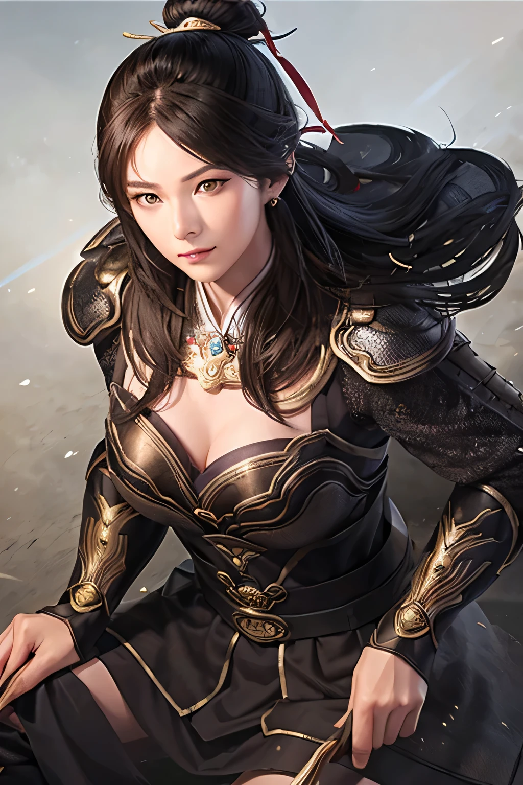 18 year old slim Chinese woman, slim middle aged woman,realistic,chinese_Armor,alone,Background of ancient chinese cities,detailed_eye,shoulder_Armor,(검은 eye),looking at viewer,(masterpiece:1.2), (best quality:1.2), perfect eye, perfect face, perfect lighting, (8K),(complete anatomy), Nee Shot