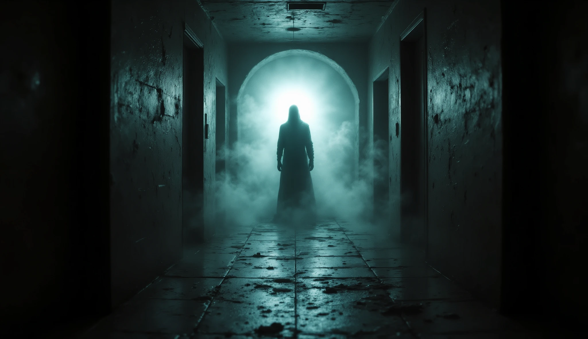 A ghostly figure with glowing eyes stands at the end of a dim aisle, watching the researchers. The air is thick with tension as the team realizes they are not alone.
Shadowy apparition with glowing, otherworldly eyes appearing at the end of a dark aisle, the faint outline of spectral mist, realistic eerie lighting, suspenseful retro horror film effect