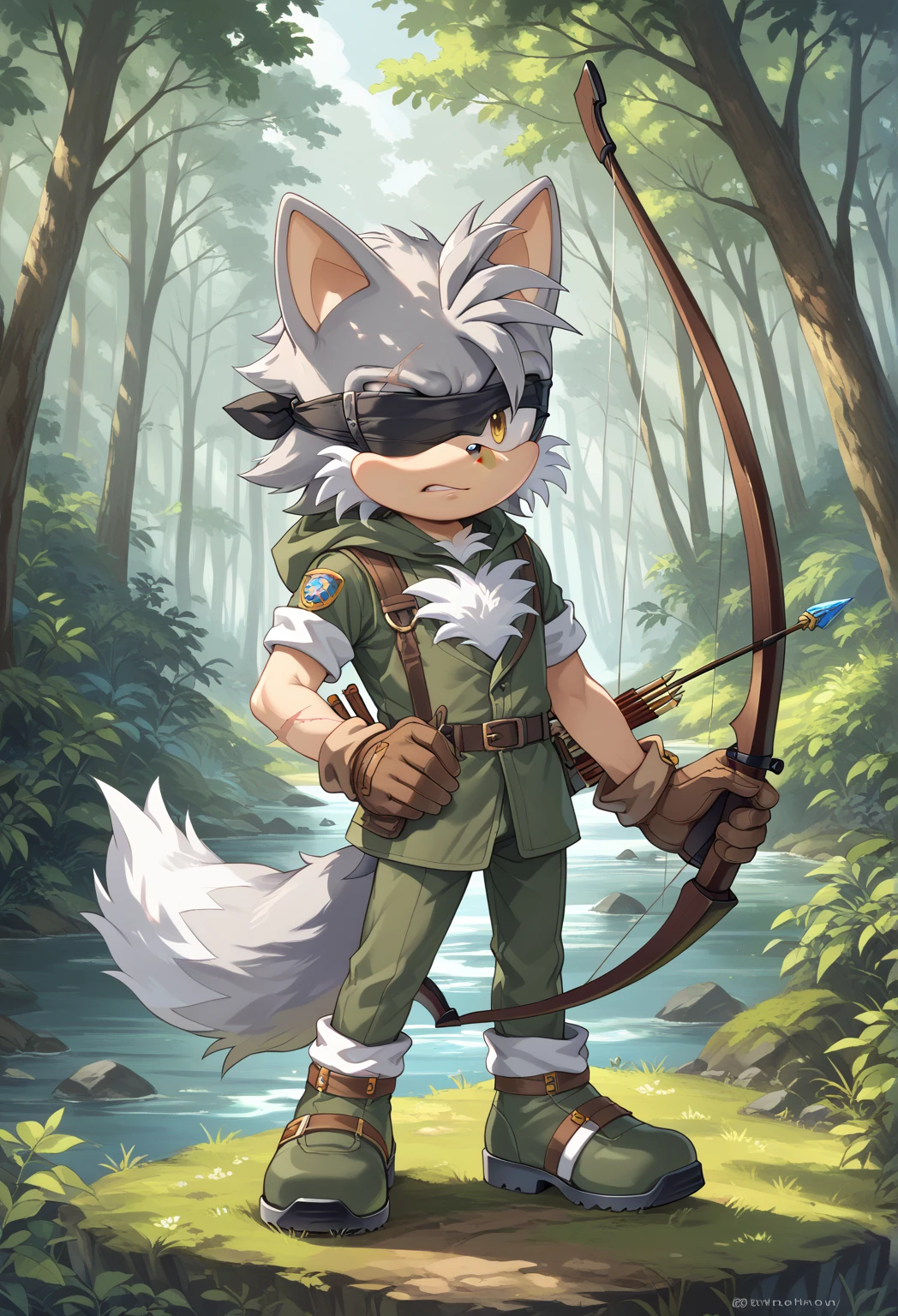 Male Wolf, ((Sonic character oc )), Male adult, ( silver fur in all body ), ( light gray inner ears ), (Alone), ( Short and messy hair ), forest, Left eye Blind , scar near the left eye that crosses the left eye diagonally, bow and quiver, con un hunter bow , Archery, wears a hood, brown gloves with cut toes and boots, yellow Eyes, Day time, ((mobian)), moebius forest, ranger clothing, (Fluffy Fur), Large Fluffy Tail, Serious poses, blindfold Over one eye,