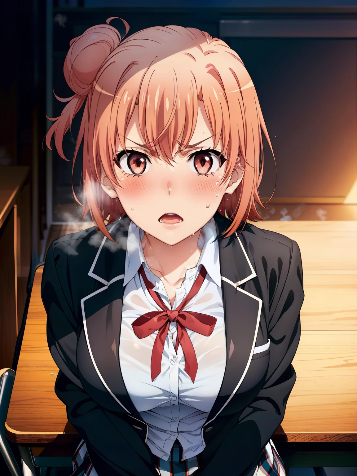 (( best quality,  high definition ,   perfect pixels,  4K)),  (Beautiful anime),  depth of field、
 watching viewers , 
 perfect body, 

 Yuigahama Yui,  bun hair,  shorthair ,　(Big Breasts:1.3)、
short hair, single hair bun, 
neck ribbon, white shirt, dress shirt, blazer, black jacket, open jacket, long sleeves, plaid skirt、

(blush、sweat:1.5)、
( steam 、Trembling、 angry:1.2),　
 School Classroom、sunset、 from above、