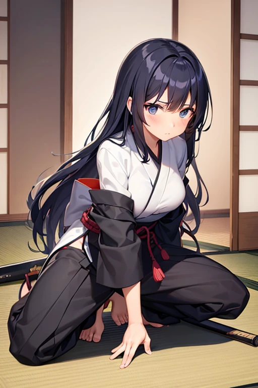 {{Bondage}}, {{Restraint、srestrained]], {{{{shibari over clothes}}}}, {{Open your clothes}}, {{{{White kimono, Red Hakama}}}}, NSFW, One Woman, {{crouching down}}, {{M-shaped legs}}, arm behind back, {sad}, {tearful},irate、 Barefoot, 年轻, {slender}, Long Black Hair, Blunt bangs, {{hair adornments}},, small tits, {{Indoor}}, {{{Japan shrine altar}}}, Cowboy Shot, Facing the front, face perfect, Perfect Anatomy, Convoluted, (Highly detailed),