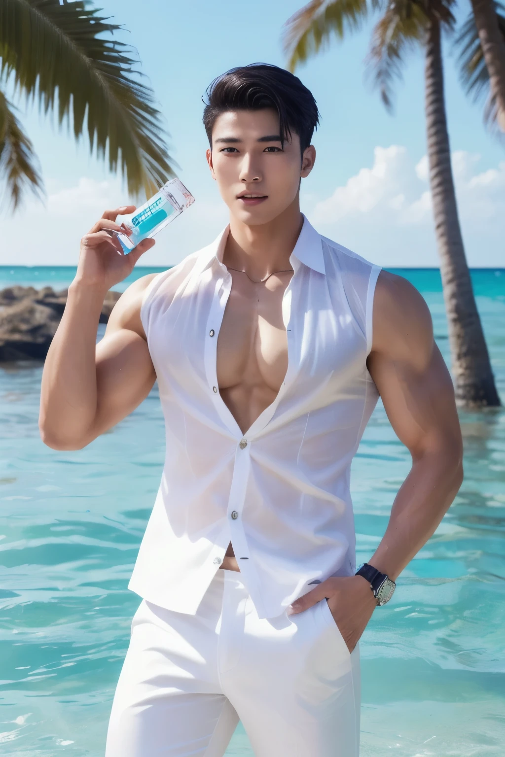 Thai manอายุ 28 ปี, Thai man, stalwart, athlete, swimming costume, Save a life, red boomerang swimming costume, brown skin, Mop the floor, Realistic skin types, Wet skin, drinking water, bottle pads, Struggle