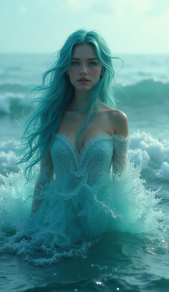 1 Beautiful biracial woman blue hair, blue eyes, large breast, on an iceberg, black and cyan dress, photoshoot, extremely detailed full body,