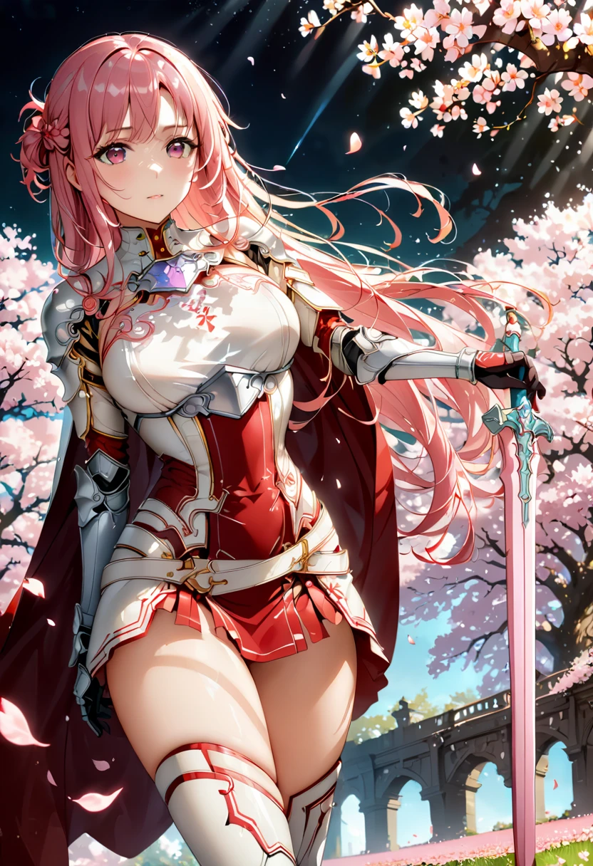 Alone,  1 girl,  Yuuki as a costume , keep, arms, Focus on women, sword, Cape, armor, Lambent Light, Handguard, sheath,  armor, full armor, Integrated Knight， Cherry blossoms are blooming all over the ground，Background of falling cherry blossom petals 　(((masterpiece)))， (( best quality))， (( Intricate Details ))　(8k)