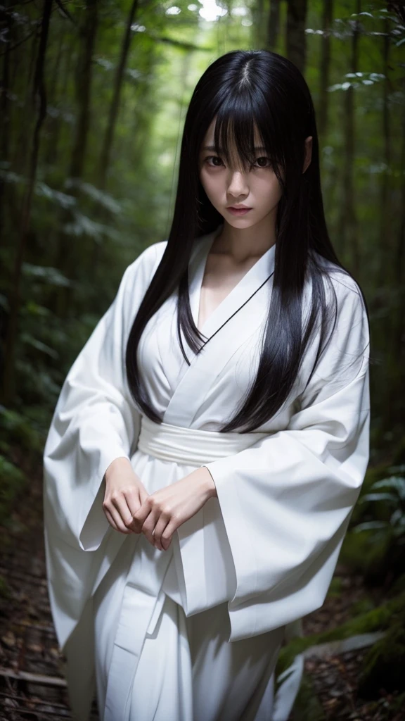 Beautiful Japanese woman in a white kimono, nightの青木ヶ原樹海を歩く, Flowing black hair, Beautiful Skin, Beautiful Eyes, Mysterious Forest, Horror photorealism style, night, There is no way, There is earth under my feet
