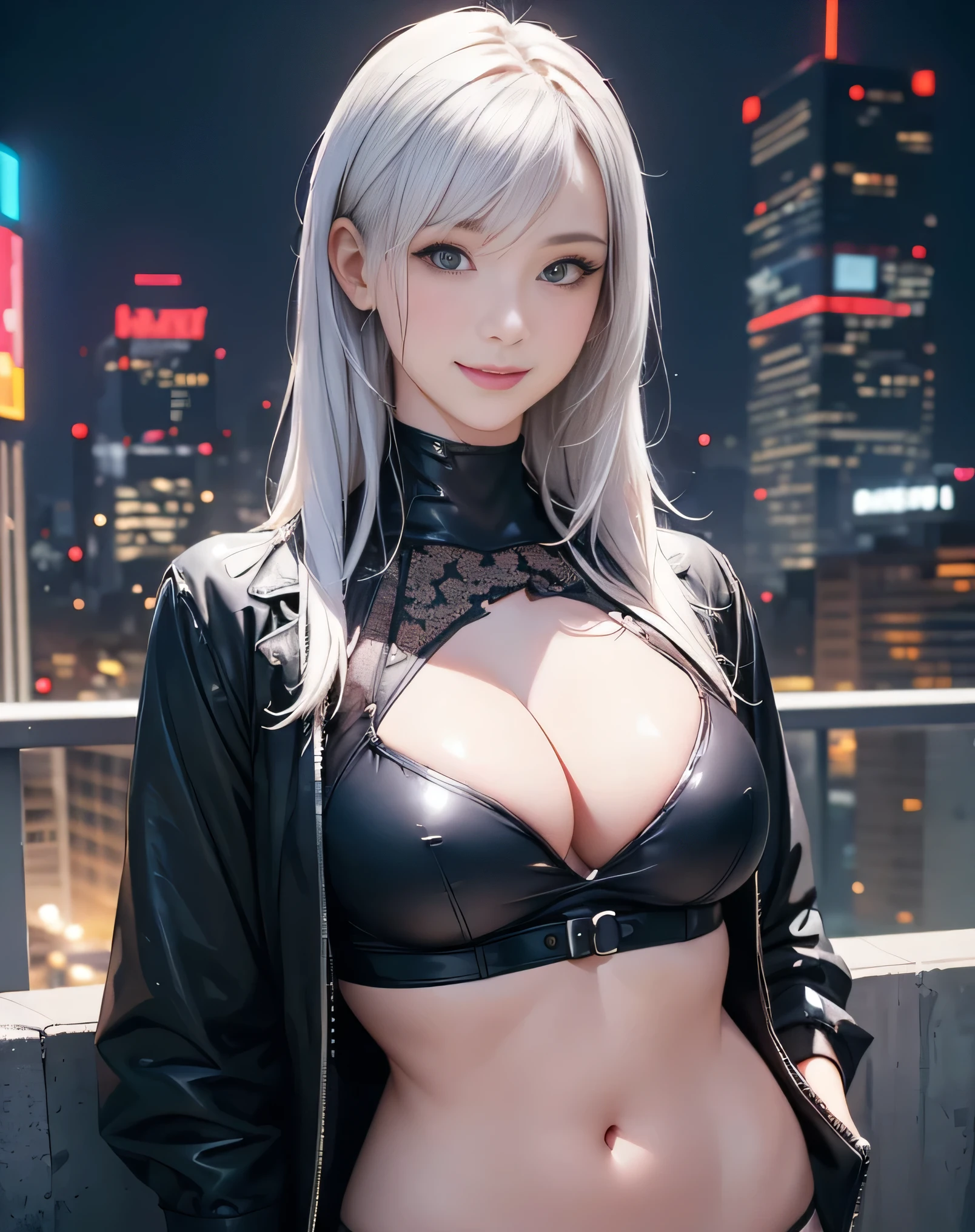 (Realistic:1.8),(High resolution:1.6),(1 girl:1.5),(solo:1.5),(Cool woman:1.2),(small face),(look at viewer:1.2),(silver hair:1.2),(long hair),(bangs:1.3),(slender),(large saggy breasts:1.5),(Future cyberpunk dark City:1.3),(Skyscrapers),(night),(large eyes),(Realistic eyes:1.3),(skin tight:1.5),(cyberpunk2077),(sexy:1.5),(cyberpunk clothes:1.2),(lewdness),(party girl:1.5),(Blushing),(Open clothes),smile:1.3,full of confidence,