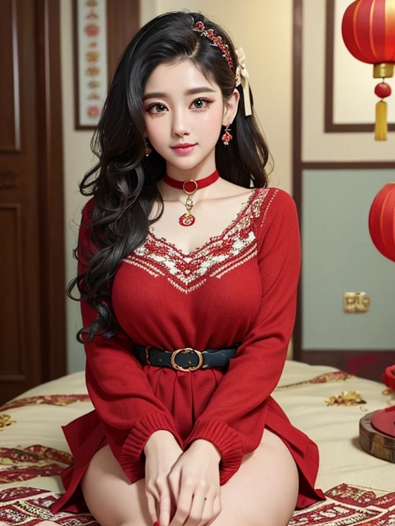 wavy hair wavy hair（（（ has exquisite eyes ））），Hair accessories，Choker necklace ，Woman in a sexy red lace sweater ， The room is filled with Lunar New Year decorations（（ grins ））（（（masterpiece）））， （（ is of the best quality））， （（Intricate details））， （（ super realistic ））（8K）