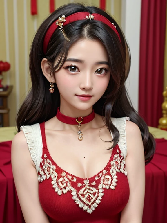 wavy hair wavy hair（（（ has exquisite eyes ））），Hair accessories，Choker necklace ，Woman in a sexy red lace sweater ， The room is filled with Lunar New Year decorations（（ grins ））（（（masterpiece）））， （（ is of the best quality））， （（Intricate details））， （（ super realistic ））（8K）