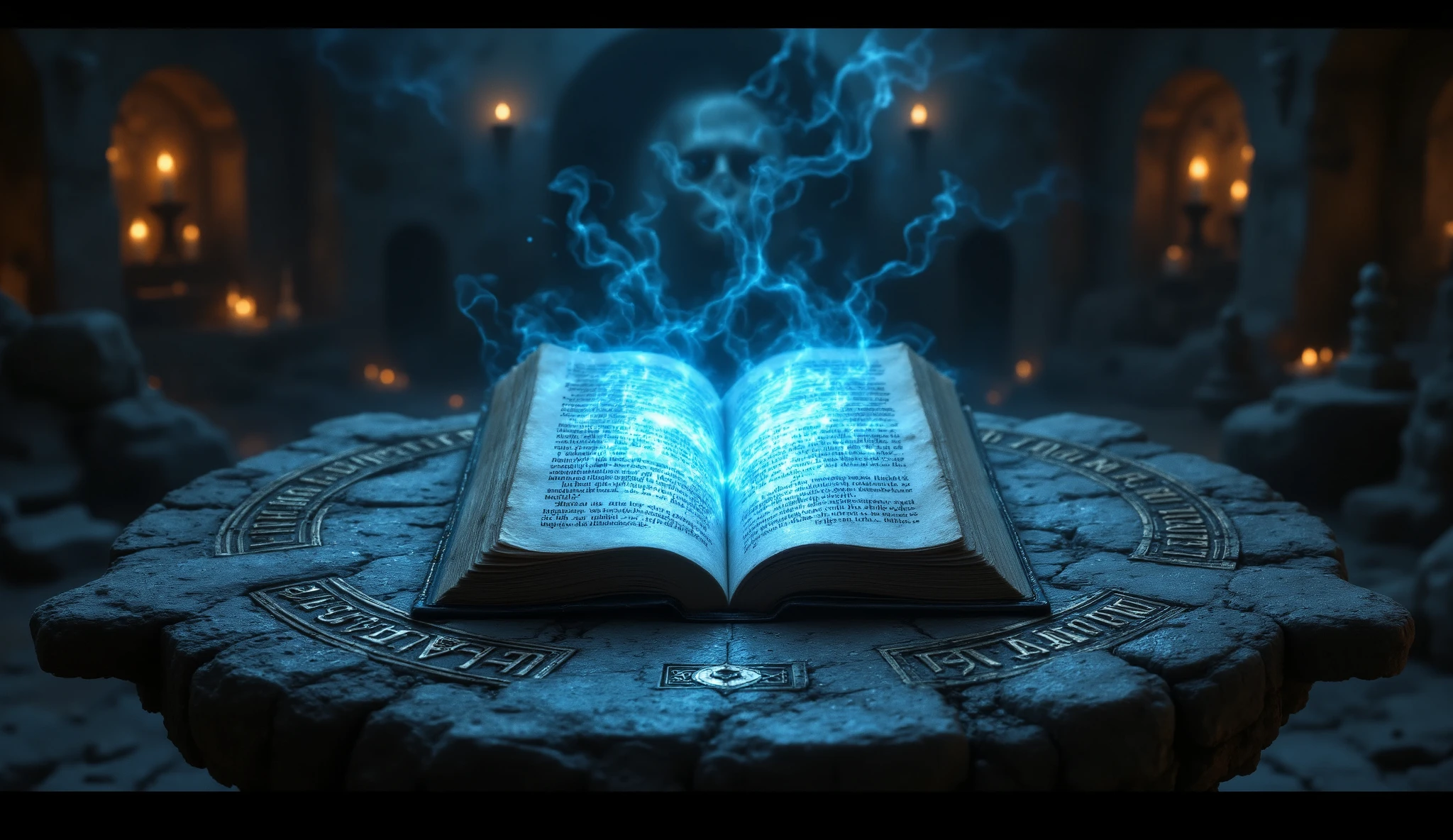 On a central stone table lies the "Codex of the Ancients," an open manuscript with glowing blue text. It is surrounded by relics of lost civilizations, hinting at a connection between ancient powers and extraterrestrial contact. Central stone table with an open ancient codex emitting a soft blue glow, surrounded by scattered relics and artifacts, intricate symbols carved into the tabletop, moody lighting and shadows, cinematic shot