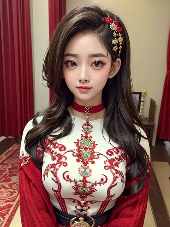 wavy hair wavy hair（（（ has exquisite eyes ））），Hair accessories，Choker necklace ，Woman in a sexy red lace sweater ， The room is filled with Lunar New Year decorations（（ grins ））（（（masterpiece）））， （（ is of the best quality））， （（Intricate details））， （（ super realistic ））（8K）