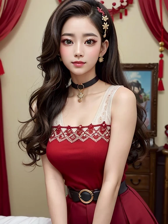 wavy hair wavy hair（（（ has exquisite eyes ））），Hair accessories，Choker necklace ，Woman in a sexy red lace sweater ， The room is filled with Lunar New Year decorations（（ grins ））（（（masterpiece）））， （（ is of the best quality））， （（Intricate details））， （（ super realistic ））（8K）