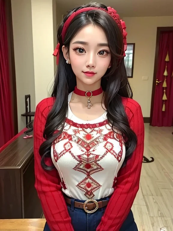 wavy hair wavy hair（（（ has exquisite eyes ））），Hair accessories，Choker necklace ，Woman in a sexy red lace sweater ， The room is filled with Lunar New Year decorations（（ grins ））（（（masterpiece）））， （（ is of the best quality））， （（Intricate details））， （（ super realistic ））（8K）