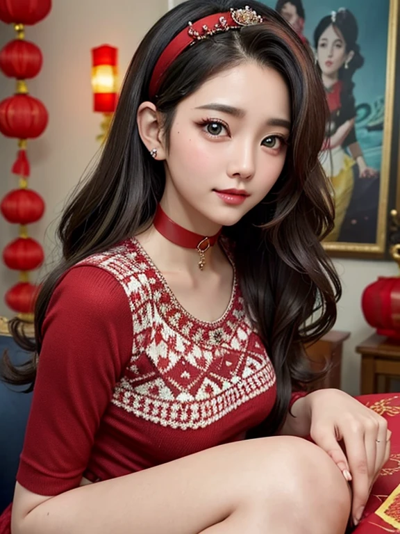 wavy hair wavy hair（（（ has exquisite eyes ））），Hair accessories，Choker necklace ，Woman in a sexy red lace sweater ， The room is filled with Lunar New Year decorations（（ grins ））（（（masterpiece）））， （（ is of the best quality））， （（Intricate details））， （（ super realistic ））（8K）