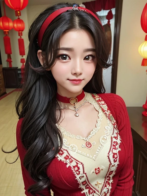 wavy hair wavy hair（（（ has exquisite eyes ））），Hair accessories，Choker necklace ，Woman in a sexy red lace sweater ， The room is filled with Lunar New Year decorations（（ grins ））（（（masterpiece）））， （（ is of the best quality））， （（Intricate details））， （（ super realistic ））（8K）