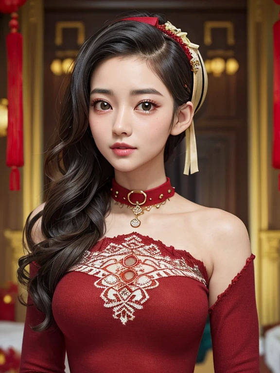 wavy hair wavy hair（（（ has exquisite eyes ））），Hair accessories，Choker necklace ，Woman in a sexy red lace sweater ， The room is filled with Lunar New Year decorations（（ grins ））（（（masterpiece）））， （（ is of the best quality））， （（Intricate details））， （（ super realistic ））（8K）