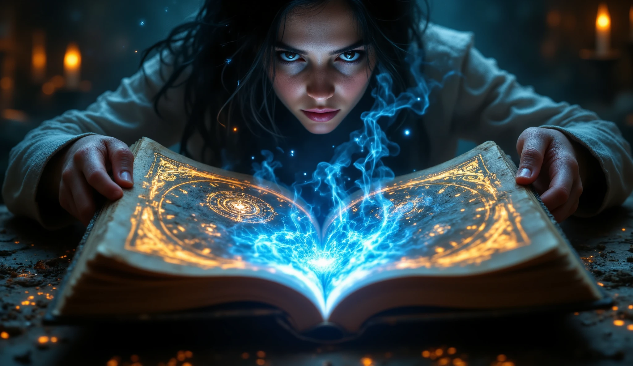 The opened pages reveal glowing alien script and illustrations of celestial beings and star charts. The light from the pages bathes the researcher’s face in an ethereal glow.
Close-up of pages with glowing alien script in vivid blue light, ancient illustrations of celestial beings and star charts, intricate details with luminous accents, cinematic focus effect