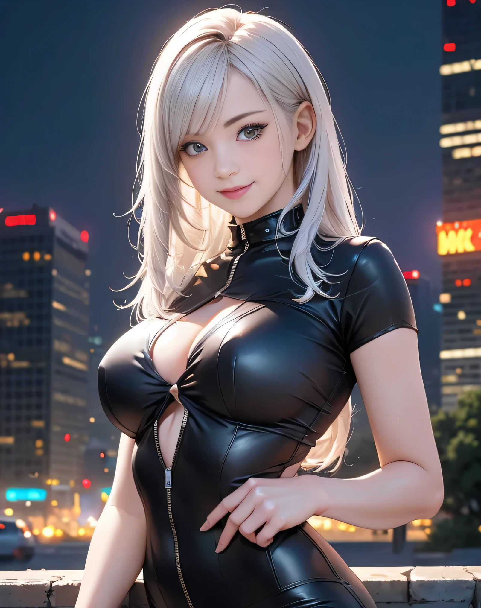 (Realistic:1.8),(High resolution:1.6),(1 girl:1.5),(solo:1.5),(Cool woman:1.2),(small face),(look at viewer:1.2),(silver hair:1.2),(long hair),(bangs:1.3),(slender),(large saggy breasts:1.5),(Future cyberpunk dark City:1.3),(Skyscrapers),(night),(large eyes),(Realistic eyes:1.3),(skin tight:1.5),(cyberpunk2077),(sexy:1.5),(cyberpunk clothes:1.2),(lewdness),(party girl:1.5),(Blushing),(Open clothes),smile:1.3,full of confidence,