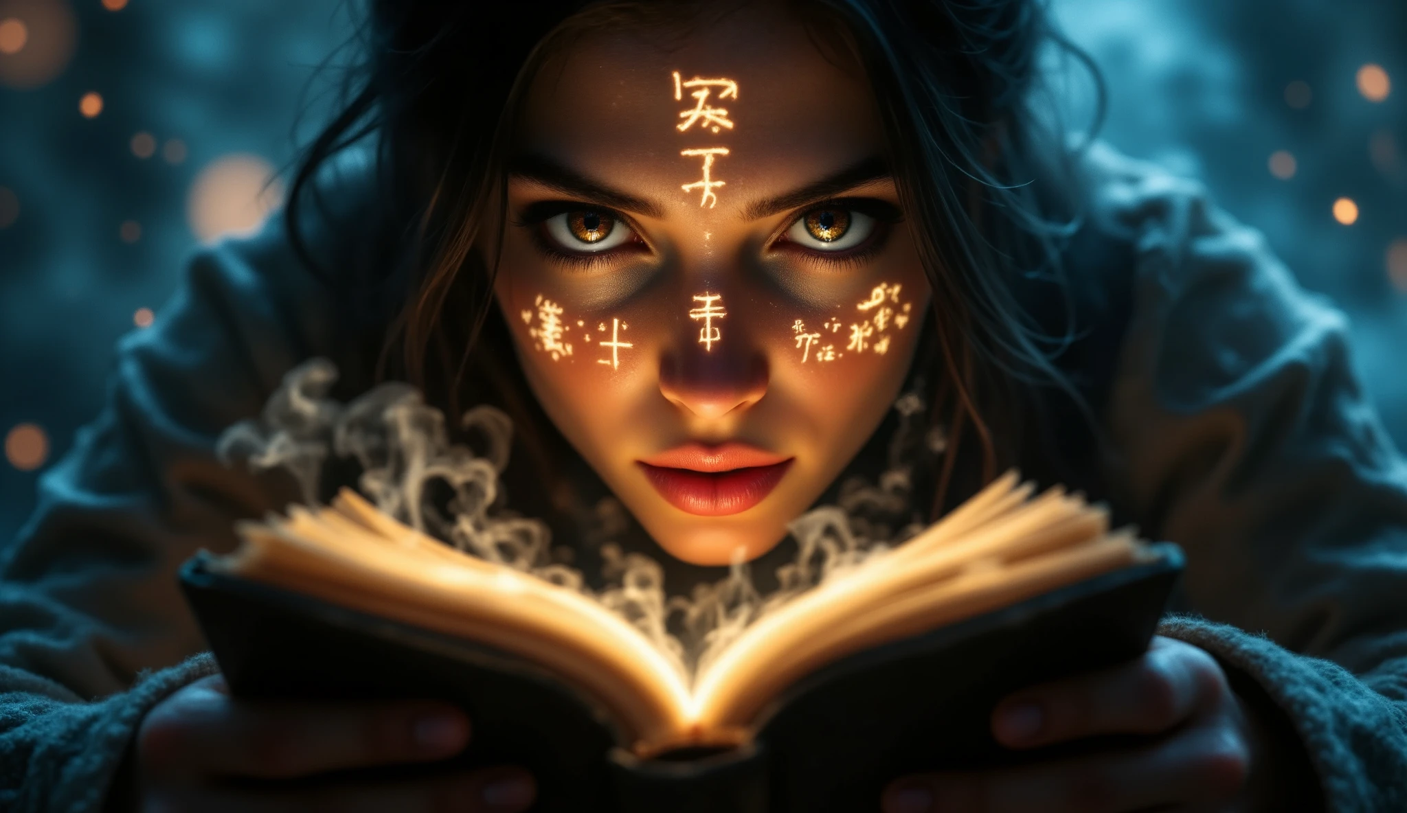 A researcher looks into the codex, eyes wide with wonder as the glowing symbols are reflected in their pupils. Their expression conveys a mix of awe and trepidation.
Tense expression of a researcher, eyes wide with awe, the reflection of glowing text and alien symbols visible in their pupils, dramatic contrast lighting, detailed facial features

