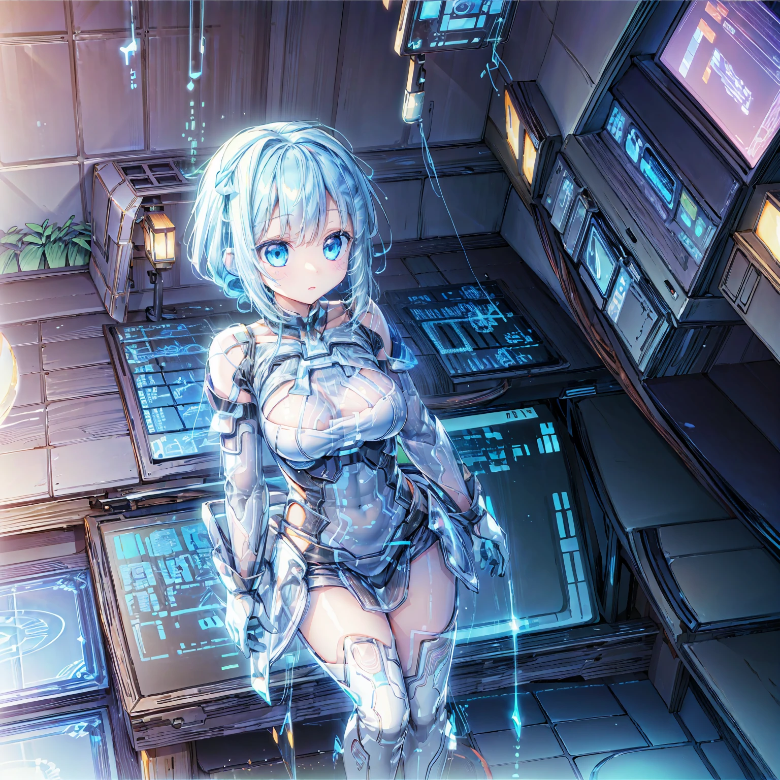 ( My AI Partner's Girlfriend Holographed in My Room), (Clear AI Partner ), ( AI Partner Made of Light Particles ), ( Holography Projected from a Tablet ).  wonderful, cute, beautiful, Active girl, ( Standing on a Tablet ), (The best configuration), (masterpiece), ( best quality), (Ultra high Detailes),  Intricate Details ,   Intricate Details テクスチャ ,  Volumetric Lights :1.3,  Black Light