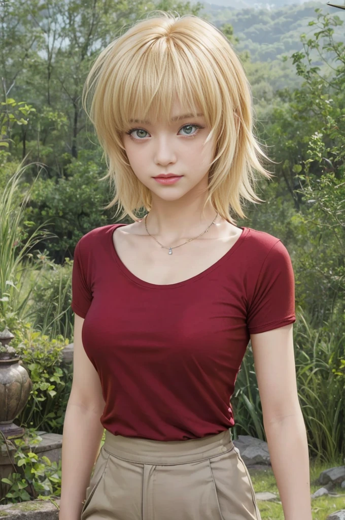 masterpiece, best quality, (realistic,photo-realistic:1.4), (RAW photo:1.2), extremely detailed CG unity 8k wallpaper, delicate and beautiful, amazing, finely detail,official art, absurdres, incredibly absurdres, huge filesize, ultra-detailed, extremely detailed, extremely detailkcaled girl,extremely detailed eyes and face, light on face,little smiles,(short hair:1.3),(blonde hair:1.3),(nature background:1.6),cagalli,(wearing red t-shirt:1.5),(yellow eyes:1.5),necklace