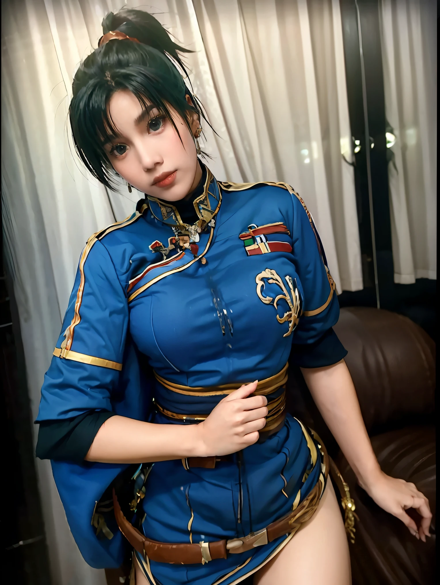 (highest resolution, distinct_image), best quality, masterpiece, highly detailed, semi realistic, a woman with black shoulder length hair, black pupils, mature, mature woman, imperial sister, sexy, short hair, triple bangs, light blue uniform, light blue uniform jacket, soldier, light blue pleated skirt, military uniform, fighter front, future, science fiction, universe