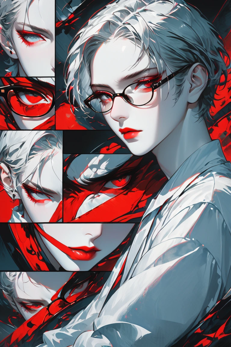 masterpiece, high_quality, distinct_image, 1boy, white skin, red lips, grey eyes, rectangular eyewear, collage, white shirt, grey hair, short hair, sitting, expressionless, best quality, 