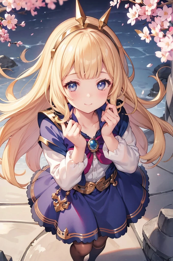 masterpiece, best quality, highly detailed, intricate details, 1girl, a girl hugging a magic book while walking on a stone-paved path, book, gbf-cagliostro, blonde hair, long hair, (blunt bangs:0.88), blue eyes, blue hairband, hair ornament, brooch, prestige school uniform, blue jacket, brown cardigan, red plaid bowtie, jewelry, blue skirt, clothing style lines, white kneehighs, black mary jane shoes, looking up, light smile, cherry blossom branches, falling cherry fetals, lawn, romantic lighting, heartwarming, from above