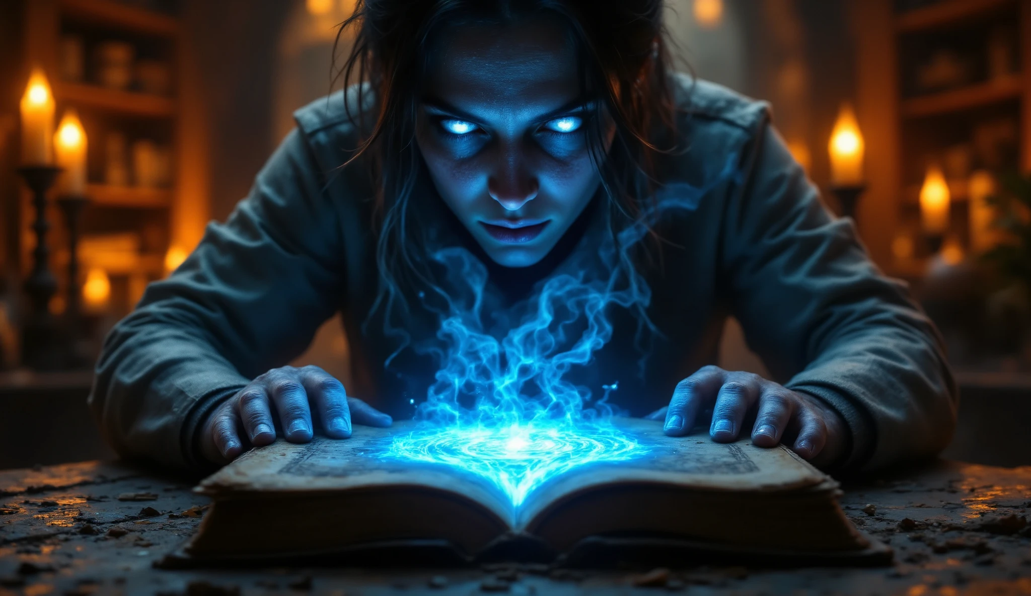 A researcher delicately opens the ancient codex with gloved hands. The blue symbol on the cover glows as if alive, casting a soft light over their cautious face.
Researcher’s gloved hands opening a heavy, ancient codex with a glowing blue symbol on its worn cover, candlelight flickering and casting soft shadows, realistic detail in book texture