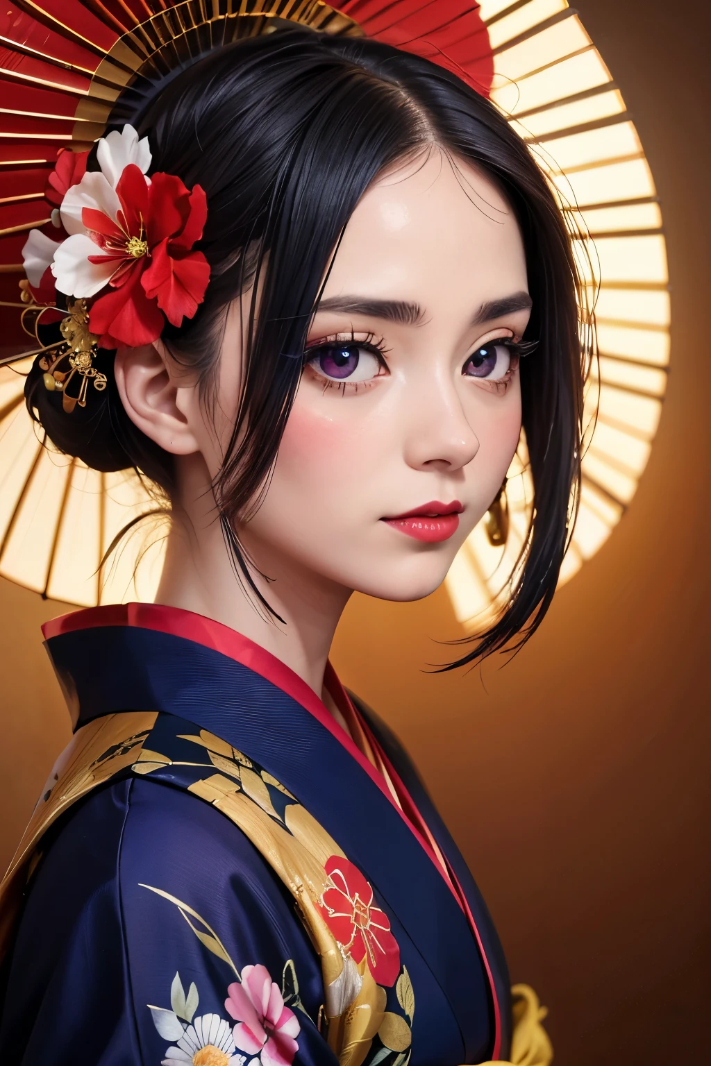 a beautiful young japanese woman, tamayo, demons slayer, traditional japanese hairstyle, pale skin, big purple clear eyes, red lips, deep indigo blue kimono with flowers, big black nails, detailed portrait, intricate details, highly detailed, masterpiece, (best quality,4k,8k,highres,masterpiece:1.2),ultra-detailed,(realistic,photorealistic,photo-realistic:1.37),vivid colors,studio lighting,extremely detailed face and eyes,gorgeous kimono,elegant pose,serene expression, sandálias meias brancas, kioto tradicional night streets summer, hair ornament, roupas japonesas, Kanzashi, quimono, batom, cabelo longo, mangas longas, pele pálida, lábios vermelhos, faixa, flor branca, metade do corpo