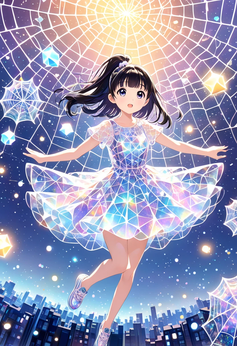 (Shine_   spider webs   )+++，   fractal landscape ，   Fantasy , 1. cute _     girl_  Holographic Dress,  (dynamic_Pose_     look up     )++,      ponytail_   black hair, (particle_ Neighborhood _body)+, slim_body, Sung，(Wack？)-，(    Surrounded    _small and cute)，Another dimension？，It's morning   ！，   happy  シーン ，   there is nothing，  happy  ♪