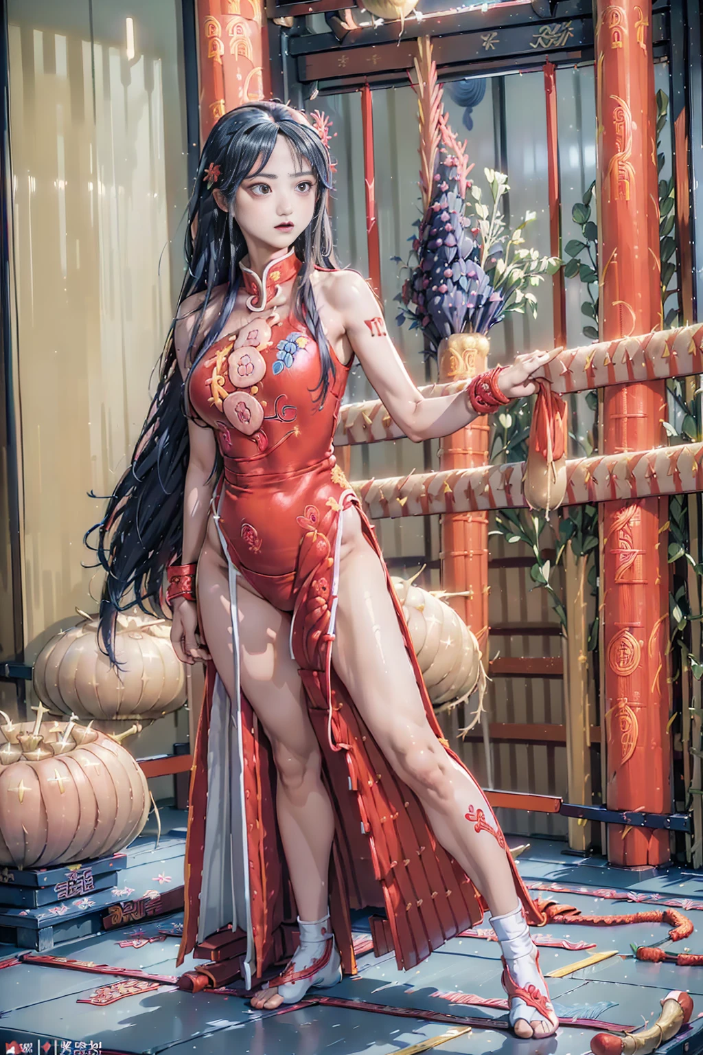 Tied, hands hanged, sm, dog chains, hands raised above the head, painful expressions, no clothes, naked, exposed, beautiful legs, thighs,